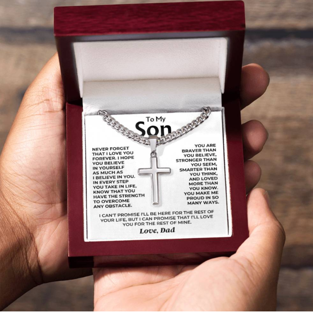 To My Son - Love Dad - Artisan Cross on Cuban Link Chain - Gift Set