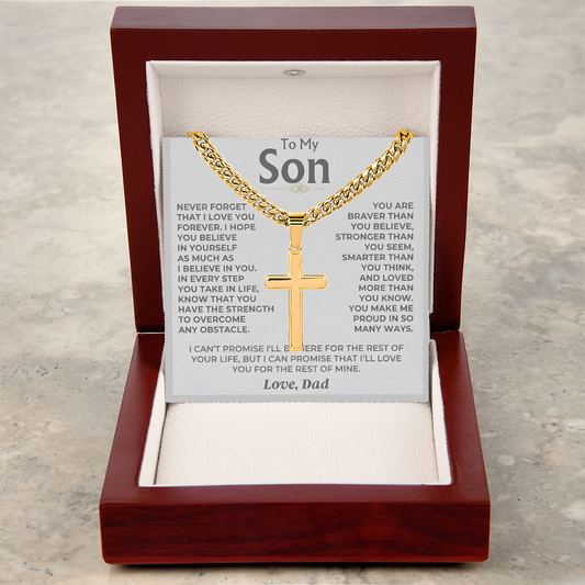 To My Son - Love Dad - Artisan Cross on Cuban Link Chain - Gift Set